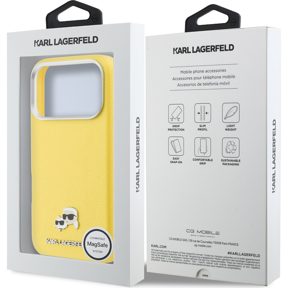 Karl-Lagerfeld-PU-Karl-and-Choupette-Heads-Pins-MagSafe-kryt-iPhone-17-Pro-Max-zluty