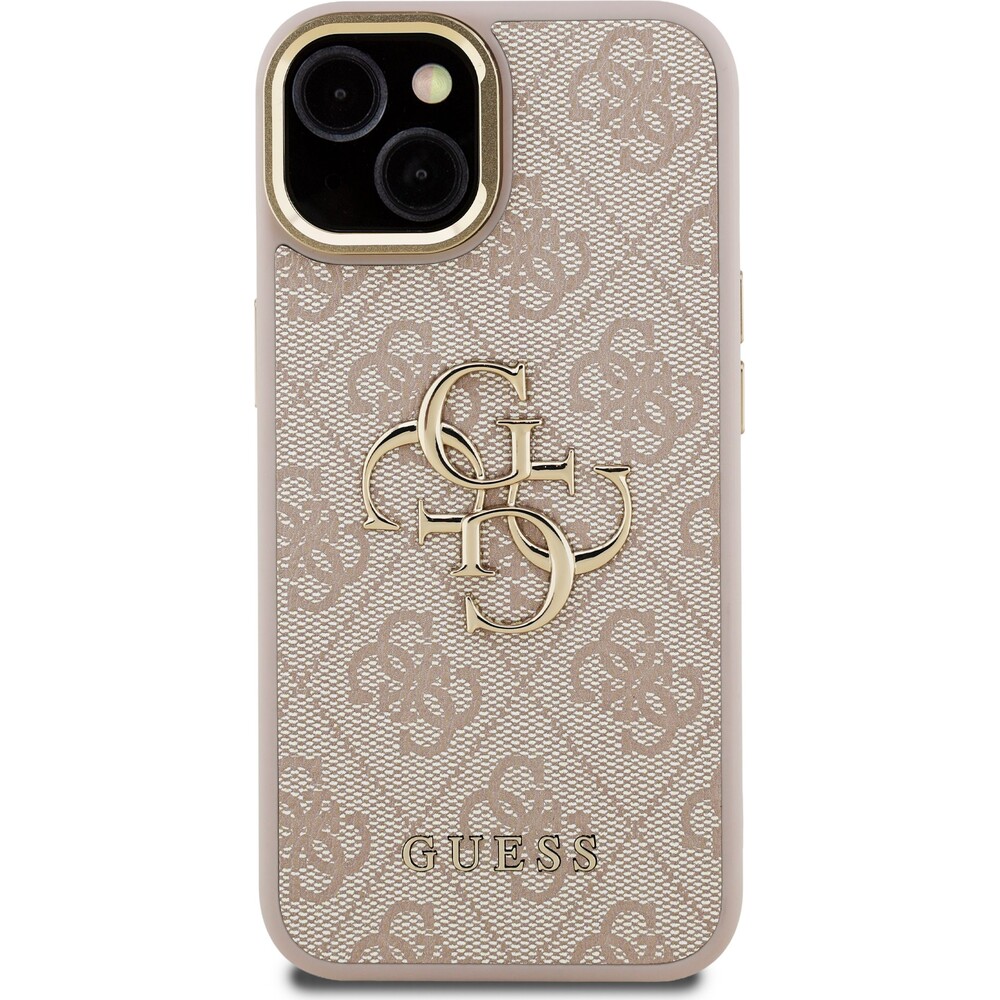 Guess-PU-4G-Metal-Logo-Stand-Camera-Frame-kryt-iPhone-15-ruzovy