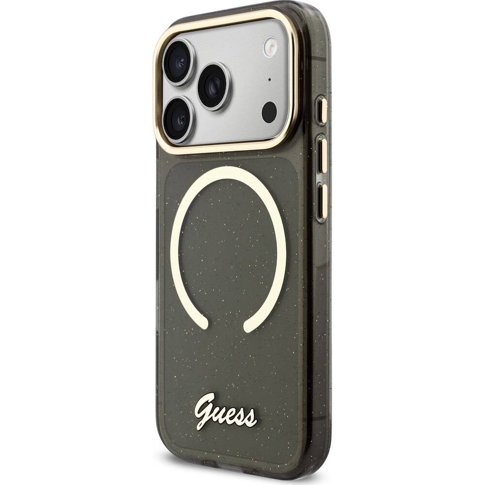 Guess-IML-Glitter-Script-Strap-MagSafe-kryt-iPhone-17-Pro-cerny