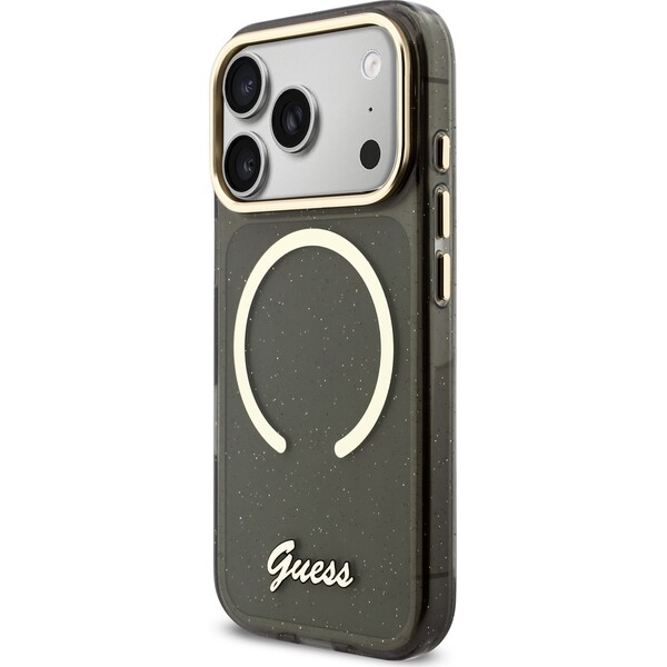 Guess-IML-Glitter-Script-Strap-MagSafe-kryt-iPhone-17-Pro-cerny