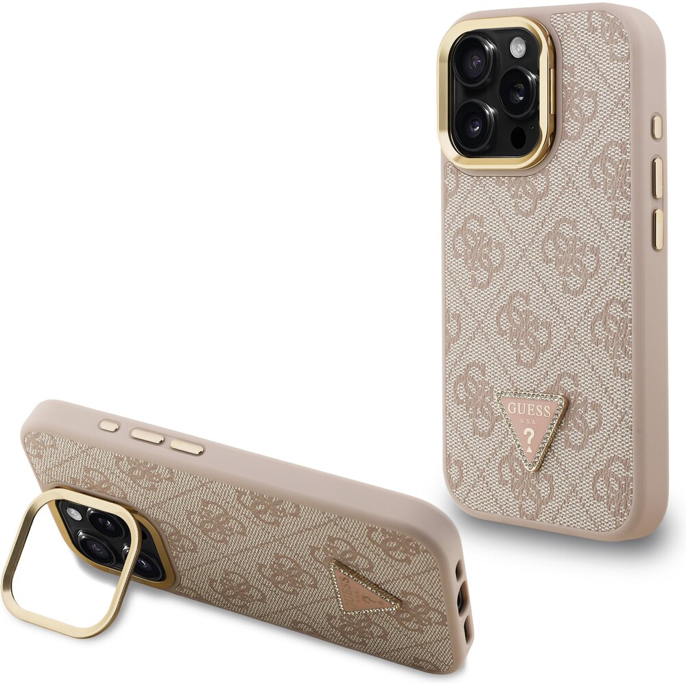Guess-PU-4G-Strass-Triangle-Logo-Stand-Camera-Frame-MagSafe-kryt-iPhone-16-Pro-ruzovy