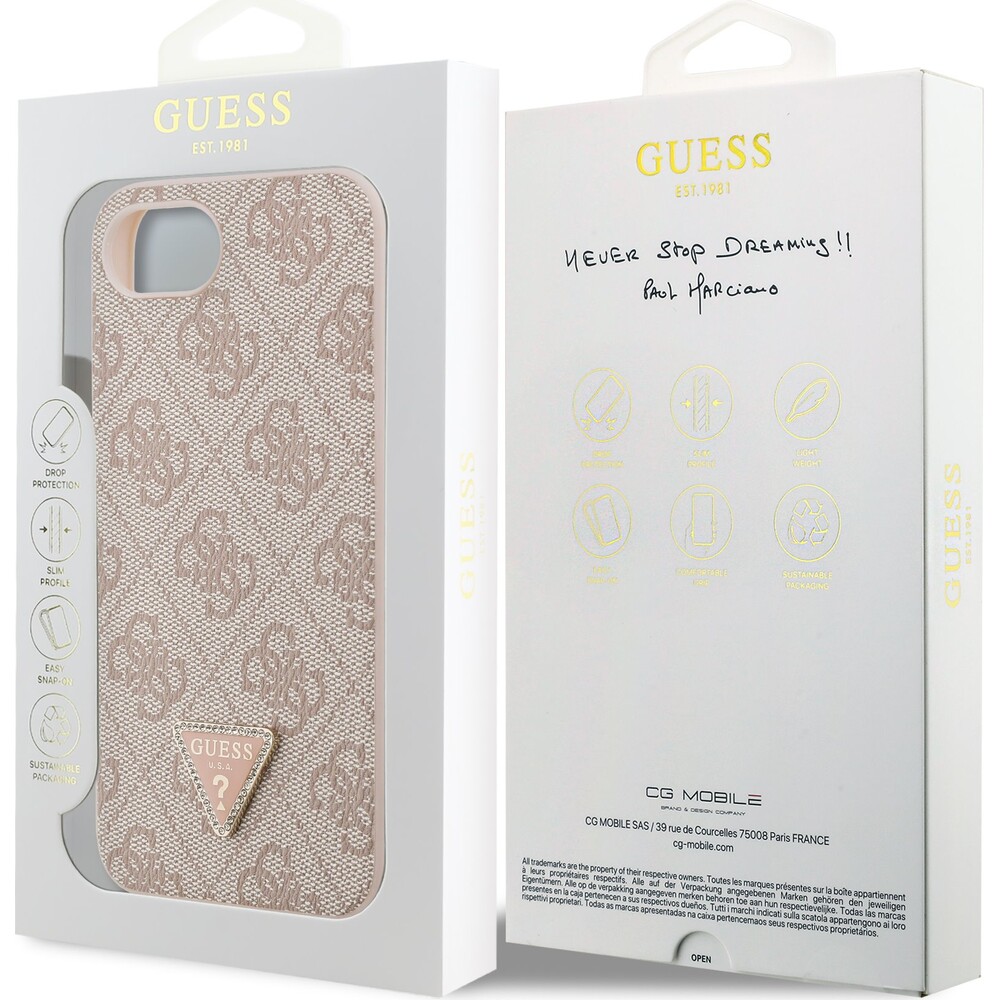 Guess-PU-4G-Strass-Triangle-Metal-Logo-kryt-iPhone-17e-16e-ruzovy