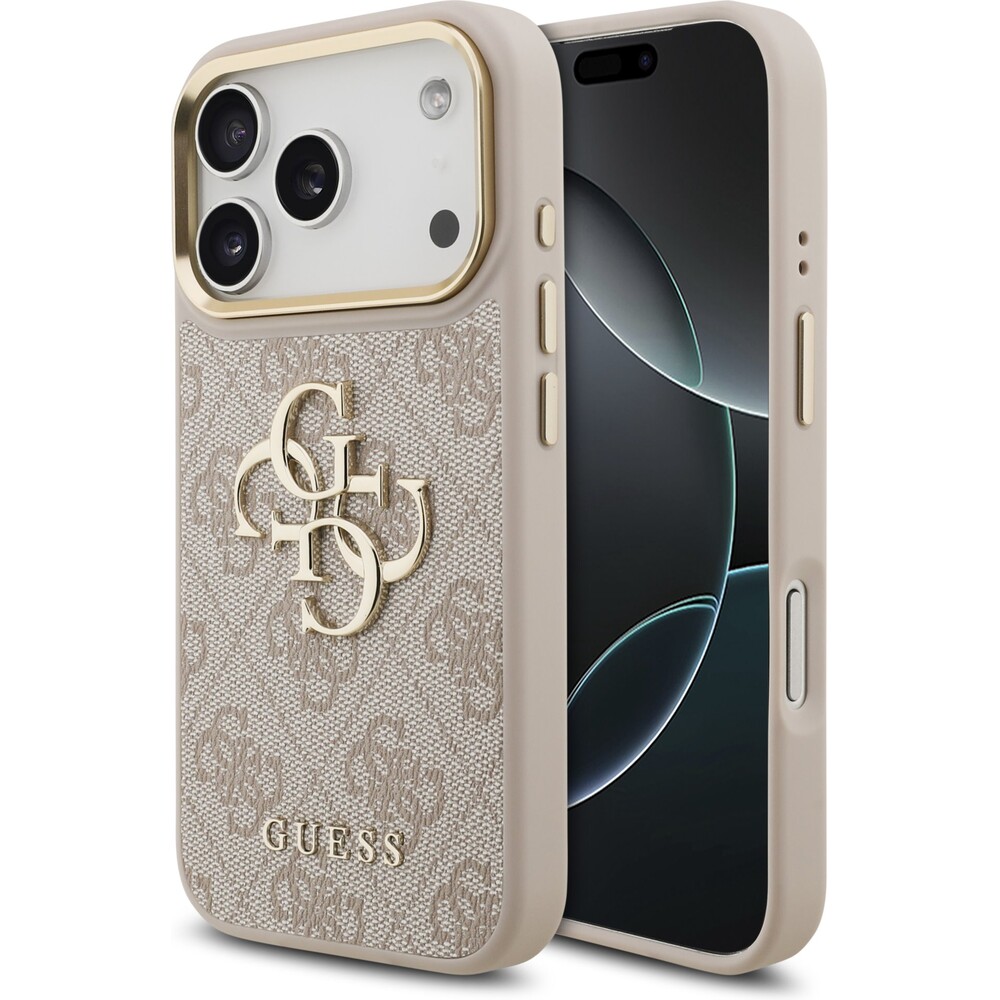 Guess-PU-Leather-4G-Metal-Logo-Gold-Frame-kryt-iPhone-17-Pro-ruzovy