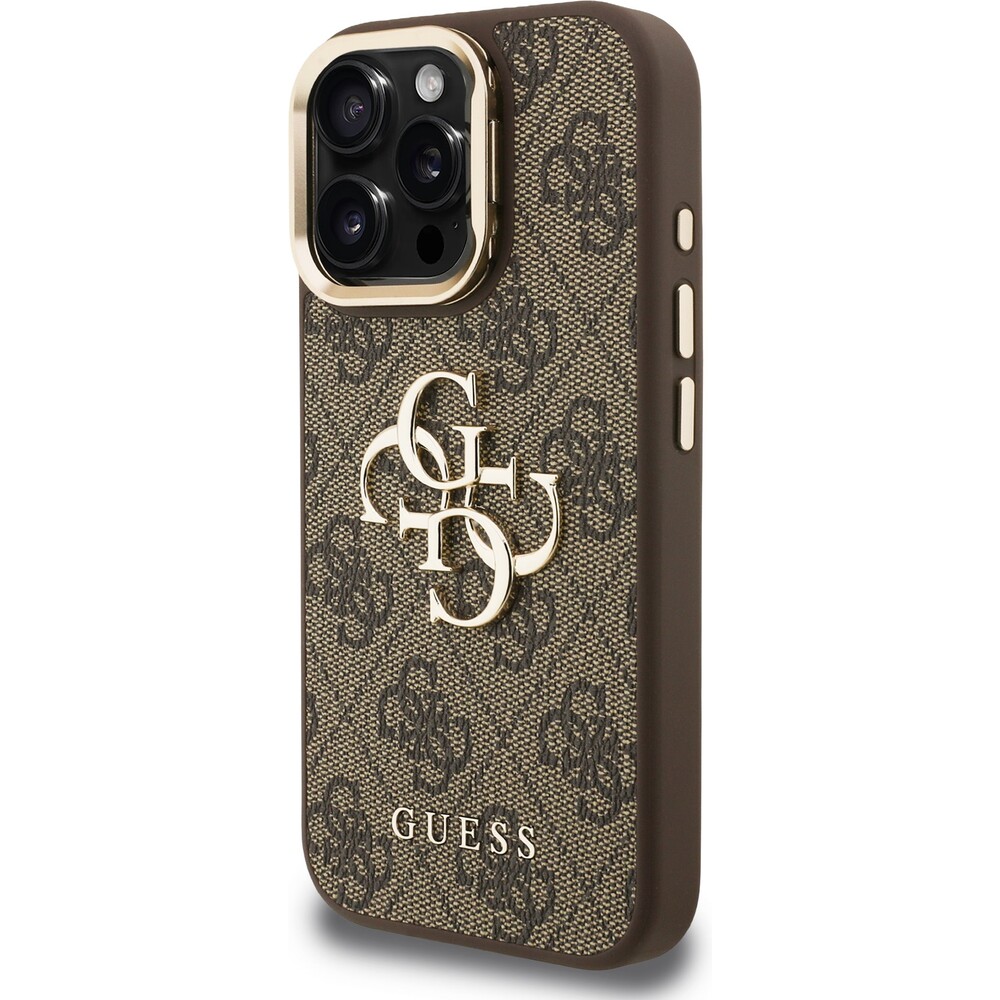 Guess-PU-4G-Metal-Logo-Stand-Camera-Frame-kryt-iPhone-16-Pro-hnedy