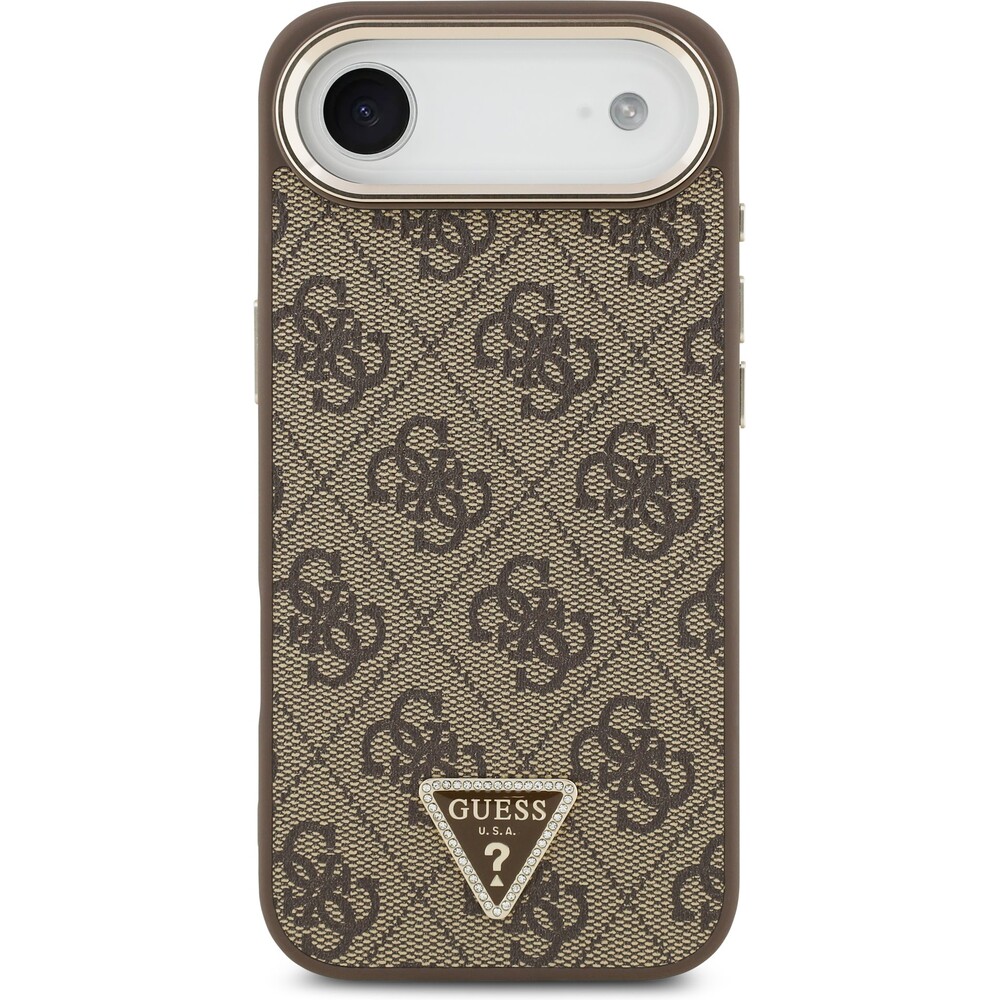 Guess-PU-Leather-4G-Triangle-Logo-Gold-Frame-MagSafe-kryt-iPhone-Air-hnedy