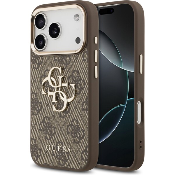 Guess-PU-Leather-4G-Metal-Logo-Gold-Frame-MagSafe-kryt-iPhone-17-Pro-Max-hnedy