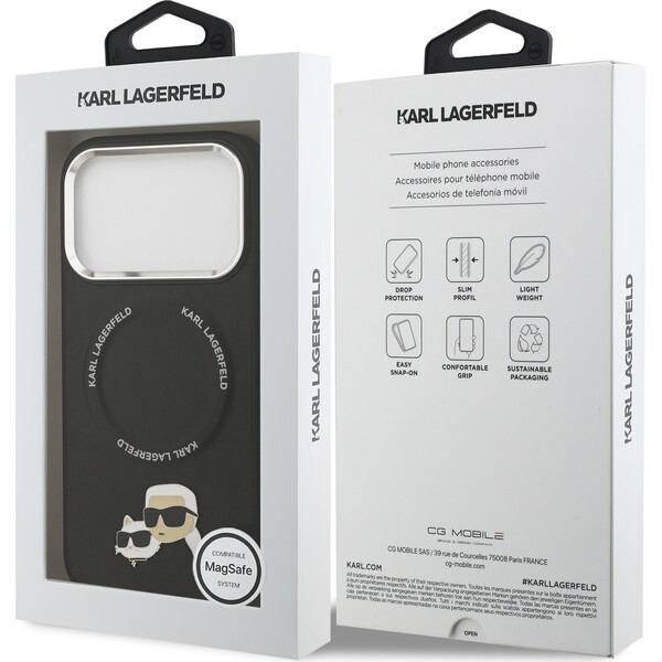 Karl-Lagerfeld-PU-Karl-and-Choupette-Heads-Pins-MagSafe-kryt-iPhone-17-Pro-cerny