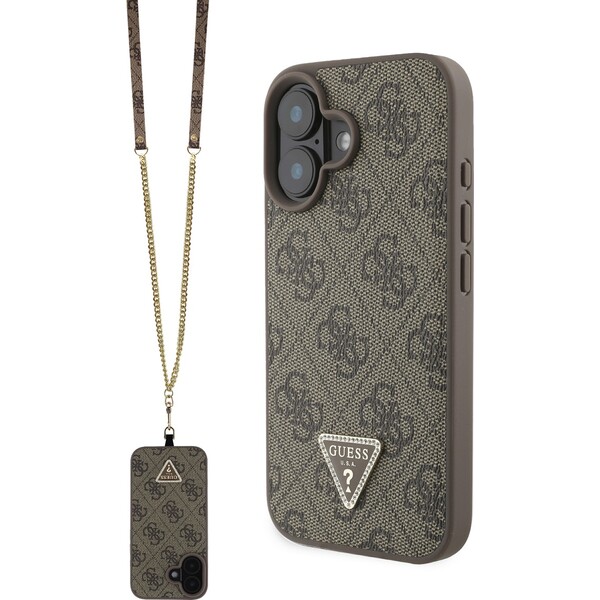 Guess-PU-4G-Strass-Triangle-Metal-Logo-kryt-Crossbody-Popruh-pro-iPhone-16-hnedy