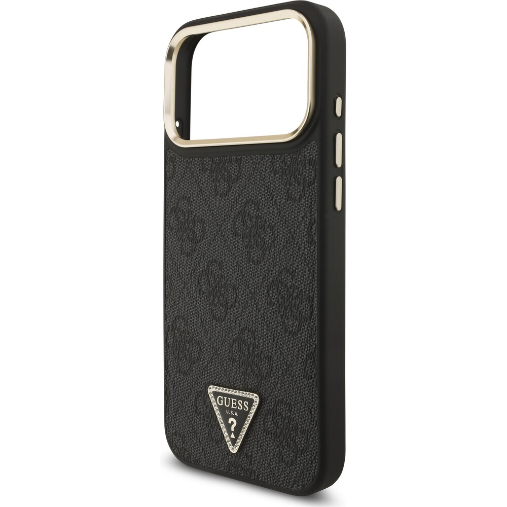 Guess-PU-Leather-4G-Triangle-Logo-Gold-Frame-MagSafe-kryt-iPhone-17-Pro-Max-cerny