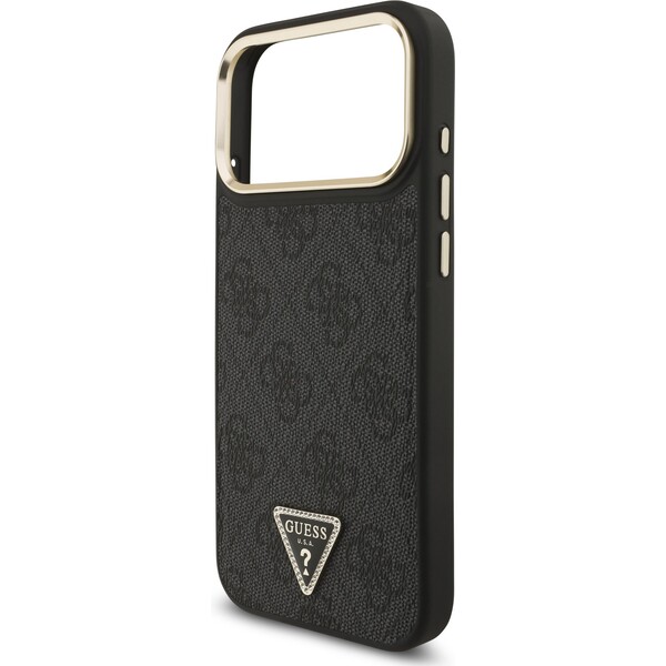 Guess-PU-Leather-4G-Triangle-Logo-Gold-Frame-MagSafe-kryt-iPhone-17-Pro-Max-cerny