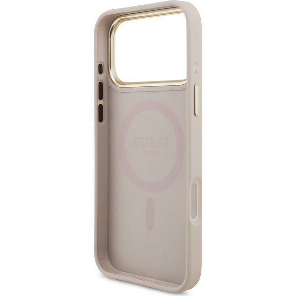 Guess-PU-Leather-4G-Triangle-Logo-Gold-Frame-MagSafe-kryt-iPhone-17-Pro-Max-ruzovy