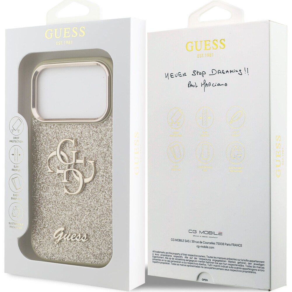 Guess-PU-Fixed-Glitter-4G-Metal-Frame-kryt-iPhone-17-Pro-zlaty