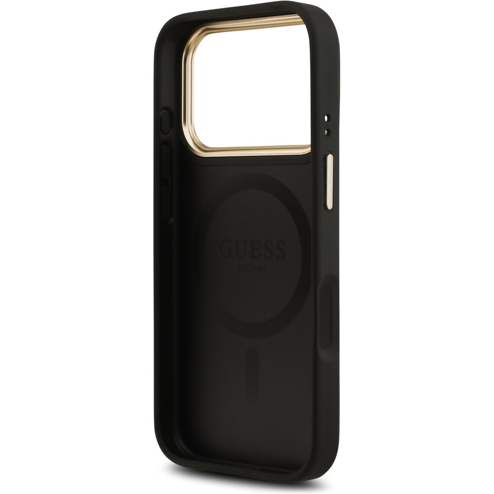 Guess-PU-Leather-4G-Gold-Frame-MagSafe-kryt-iPhone-17-Pro-cerny