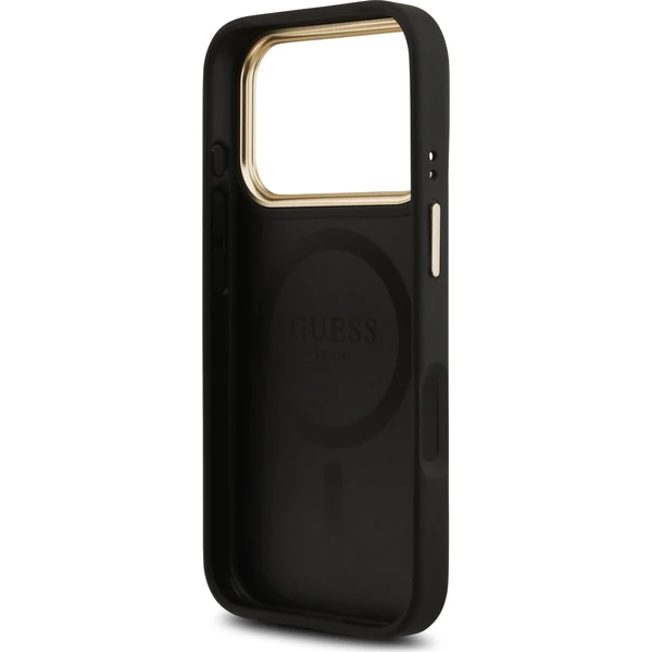 Guess-PU-Leather-4G-Gold-Frame-MagSafe-kryt-iPhone-17-Pro-cerny