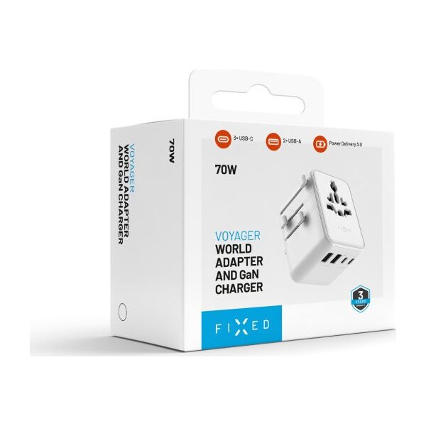 FIXED-Voyager-70W-cestovni-adapter-pro-EU-UK-USA-AUS-3xUSB-C-a-2xUSB-GaN-PD-bily