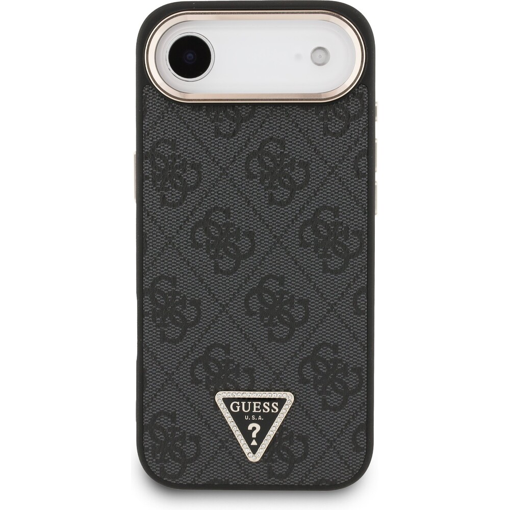 Guess-PU-Leather-4G-Triangle-Logo-Gold-Frame-MagSafe-kryt-iPhone-Air-cerny