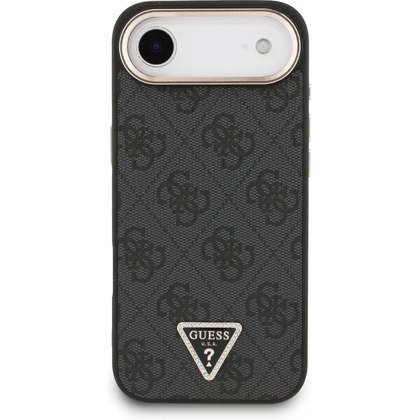 Guess-PU-Leather-4G-Triangle-Logo-Gold-Frame-MagSafe-kryt-iPhone-Air-cerny