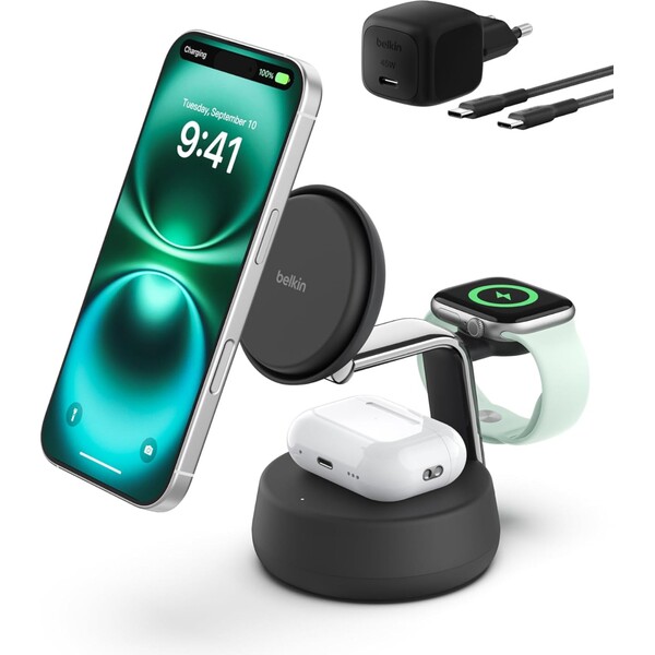 Belkin-UltraCharge-PRO-Qi2-25W-3v1-MagSafe-nabijecka-pro-iPhone-Apple-Watch-AirPods-tmave-seda