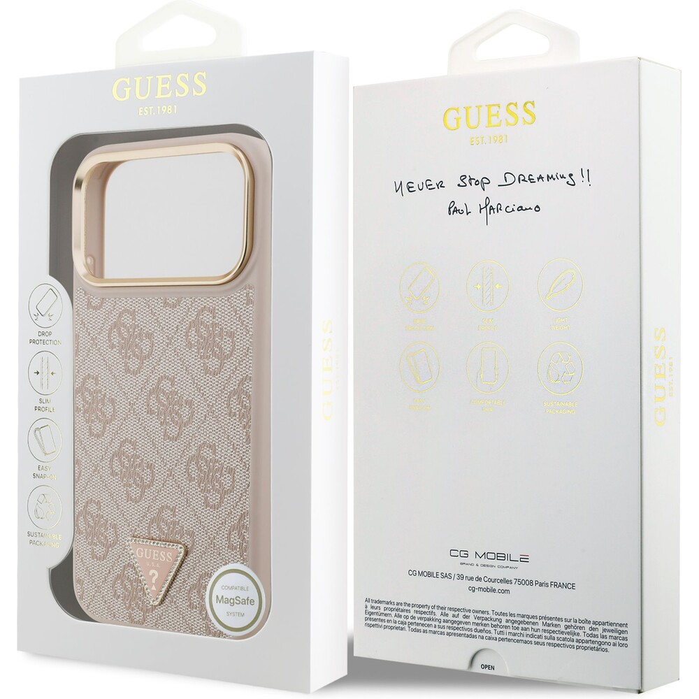 Guess-PU-Leather-4G-Triangle-Logo-Gold-Frame-MagSafe-kryt-iPhone-17-Pro-Max-ruzovy