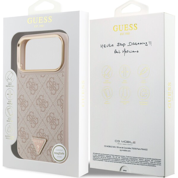 Guess-PU-Leather-4G-Triangle-Logo-Gold-Frame-MagSafe-kryt-iPhone-17-Pro-Max-ruzovy