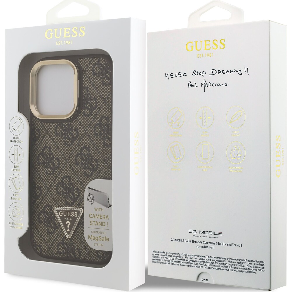 Guess-PU-4G-Strass-Triangle-Logo-Stand-Camera-Frame-MagSafe-kryt-iPhone-16-Pro-hnedy