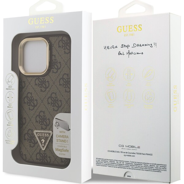 Guess-PU-4G-Strass-Triangle-Logo-Stand-Camera-Frame-MagSafe-kryt-iPhone-16-Pro-hnedy