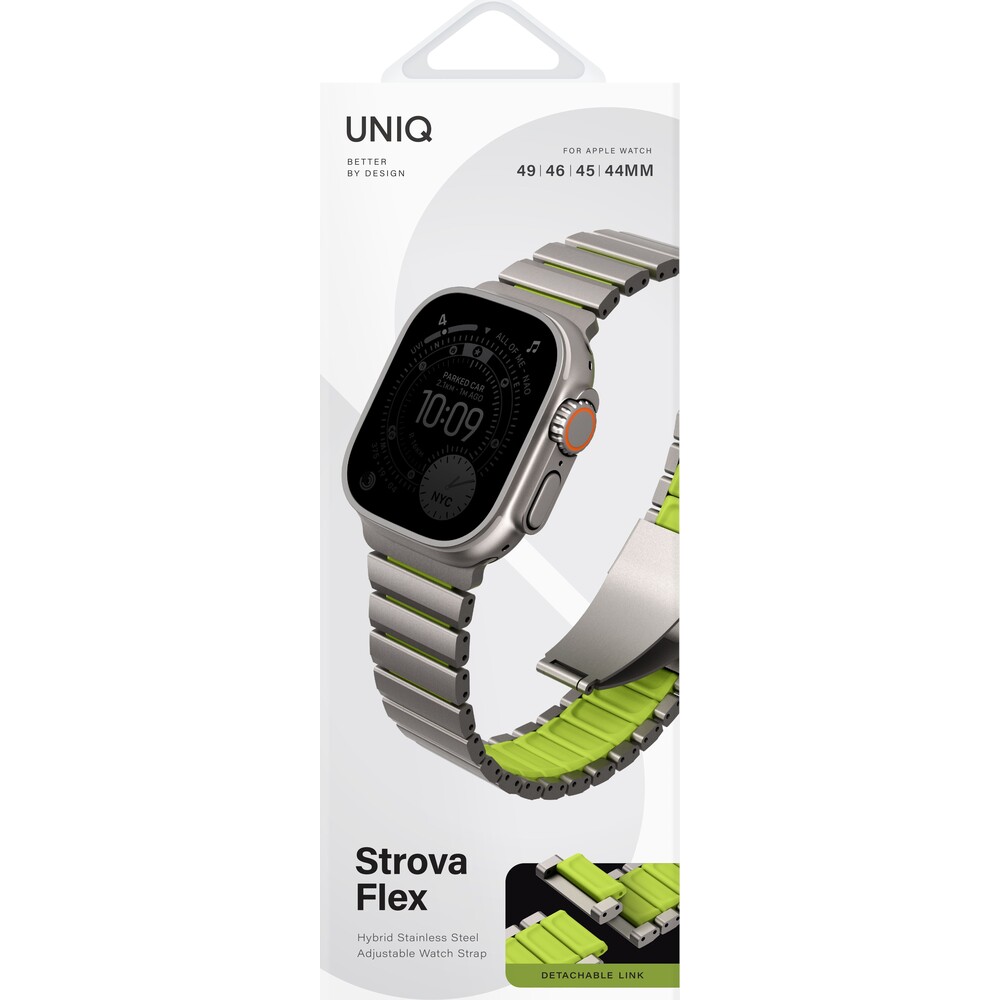 UNIQ-Strova-Flex-titanovy-reminek-pro-Apple-Watch-49-46-45-44mm-Titanium-Silver-Lime-Green