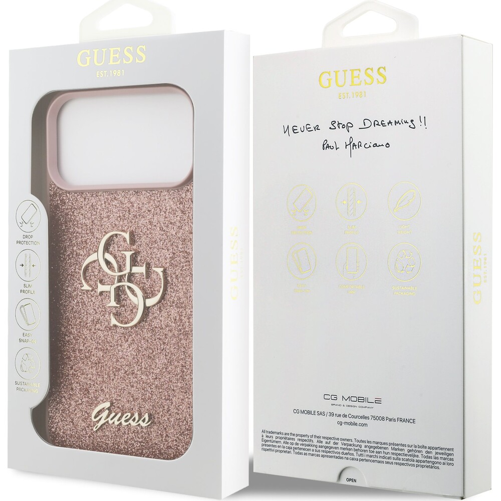 Guess-PU-Fixed-Glitter-4G-Metal-Logo-kryt-iPhone-17-Pro-Max-ruzovy