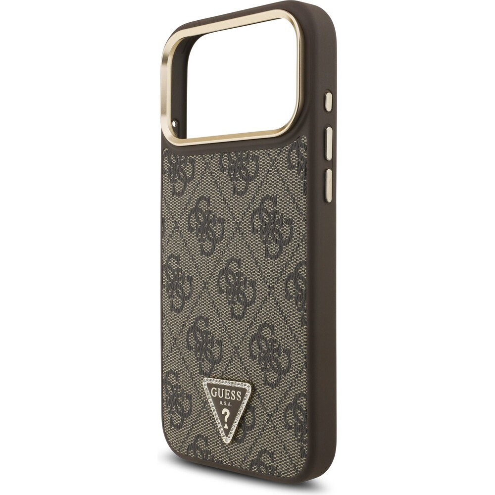 Guess-PU-Leather-4G-Triangle-Logo-Gold-Frame-MagSafe-kryt-iPhone-17-Pro-Max-hnedy
