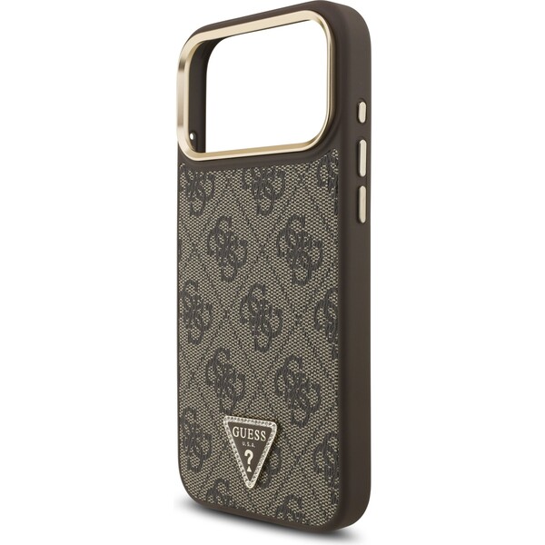 Guess-PU-Leather-4G-Triangle-Logo-Gold-Frame-MagSafe-kryt-iPhone-17-Pro-Max-hnedy