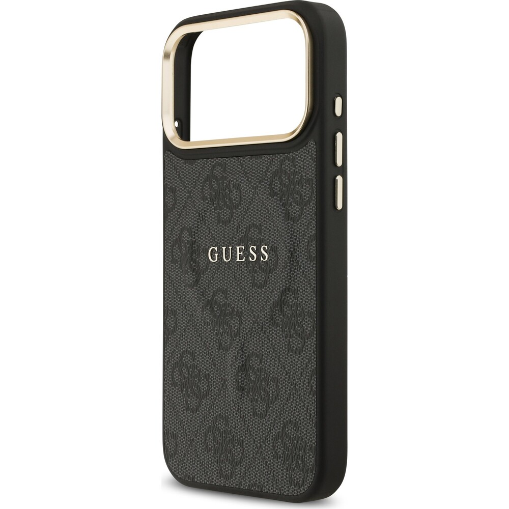Guess-PU-Leather-4G-Gold-Frame-MagSafe-kryt-iPhone-17-Pro-Max-cerny