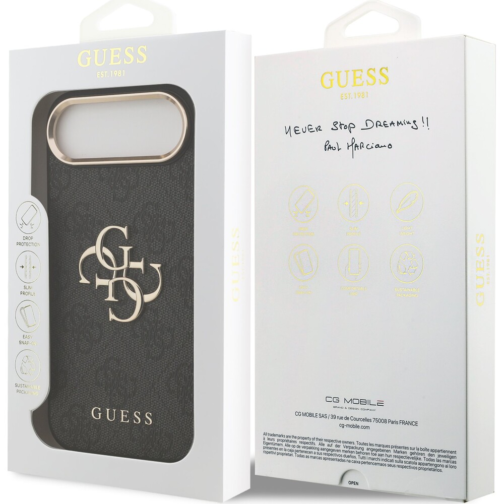 Guess-PU-Leather-4G-Metal-Logo-Gold-Frame-MagSafe-kryt-iPhone-Air-cerny