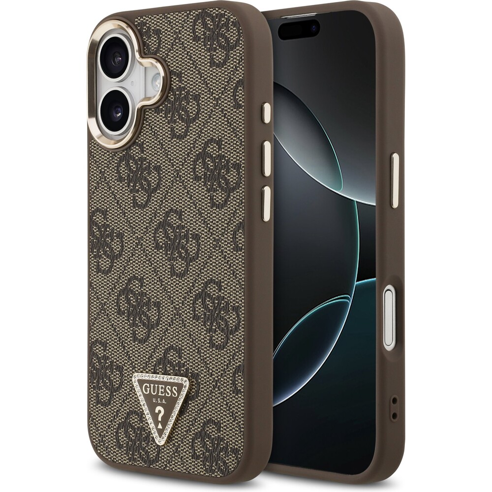 Guess-PU-Leather-4G-Triangle-Logo-Gold-Frame-MagSafe-kryt-iPhone-17-hnedy