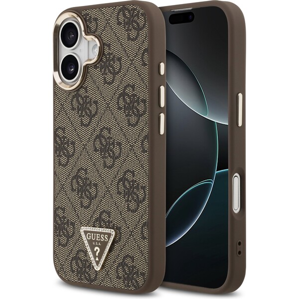 Guess-PU-Leather-4G-Triangle-Logo-Gold-Frame-MagSafe-kryt-iPhone-17-hnedy