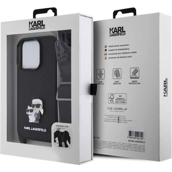 Karl-Lagerfeld-Saffiano-Crossbody-Metal-Karl-and-Choupette-kryt-iPhone-15-Pro-cerny