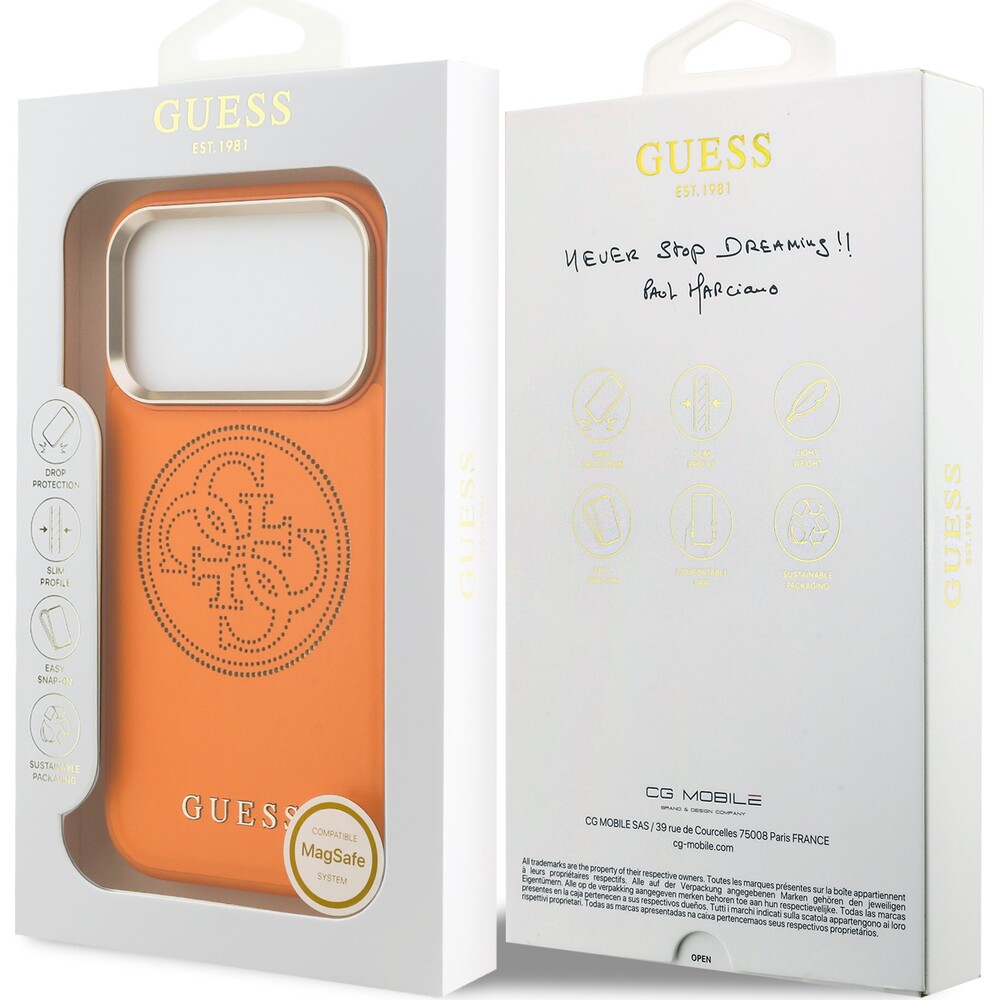 Guess-PU-Perforated-4G-Logo-MagSafe-kryt-iPhone-17-Pro-oranzovy