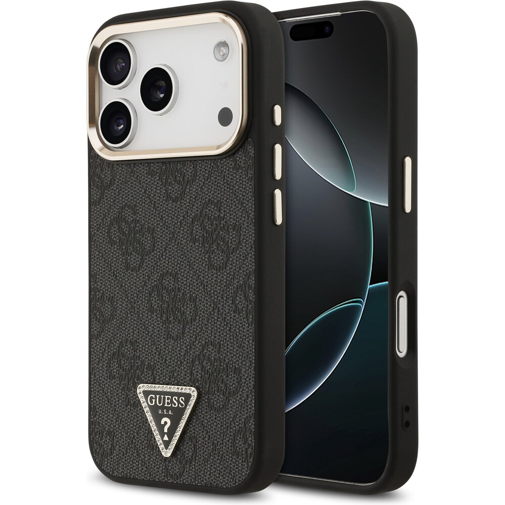 Guess-PU-Leather-4G-Triangle-Logo-Gold-Frame-MagSafe-kryt-iPhone-17-Pro-cerny