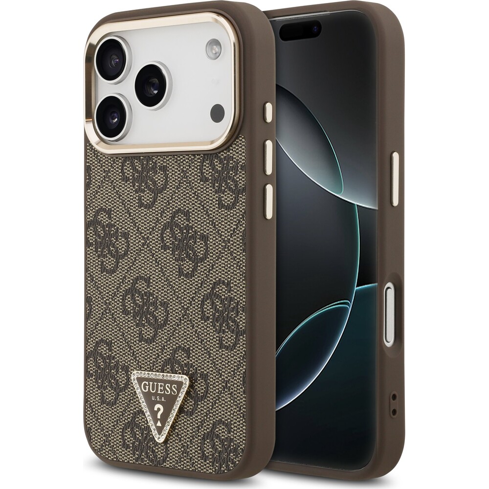 Guess-PU-Leather-4G-Triangle-Logo-Gold-Frame-MagSafe-kryt-iPhone-17-Pro-hnedy