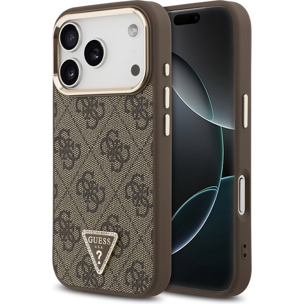 Guess-PU-Leather-4G-Triangle-Logo-Gold-Frame-MagSafe-kryt-iPhone-17-Pro-hnedy