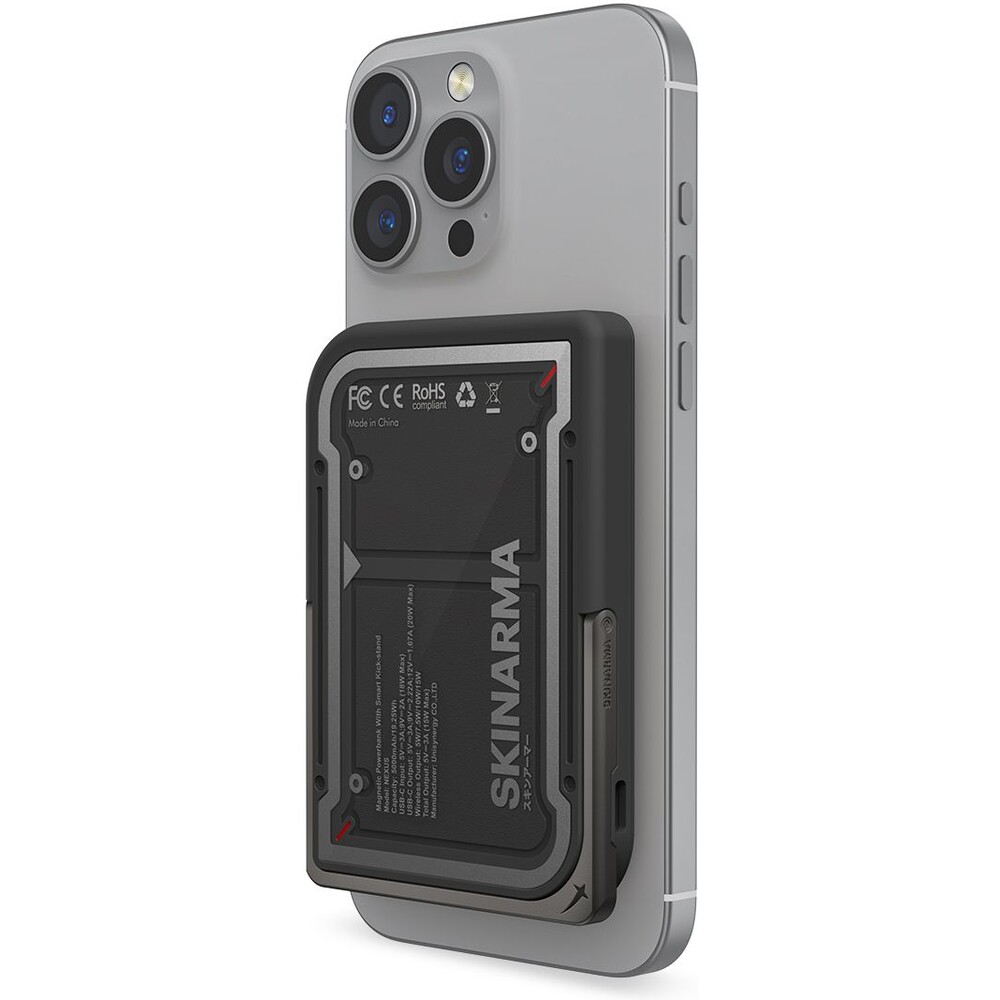 SKINARMA-Nexus-Mecha-MagSafe-powerbanka-se-stojankem-USB-C-PD-5000-mah-cerna