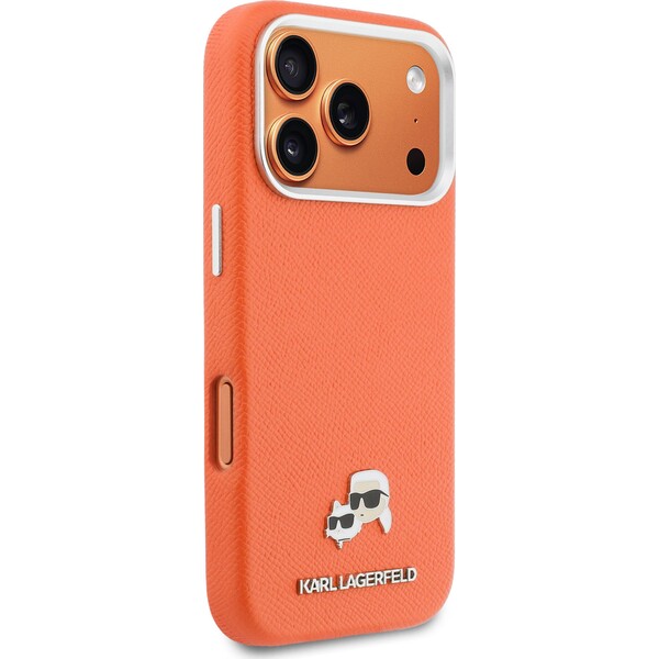 Karl-Lagerfeld-PU-Karl-and-Choupette-Heads-Pins-MagSafe-kryt-iPhone-17-Pro-Max-oranzovy