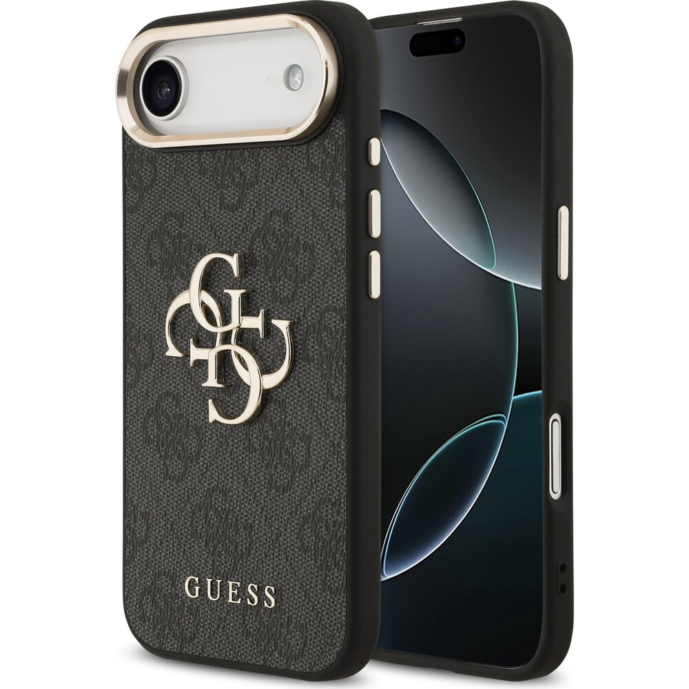 Guess-PU-Leather-4G-Metal-Logo-Gold-Frame-MagSafe-kryt-iPhone-Air-cerny