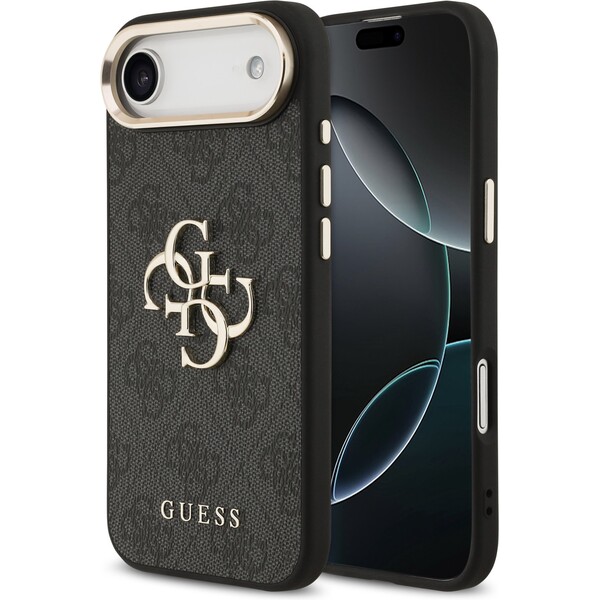 Guess-PU-Leather-4G-Metal-Logo-Gold-Frame-MagSafe-kryt-iPhone-Air-cerny