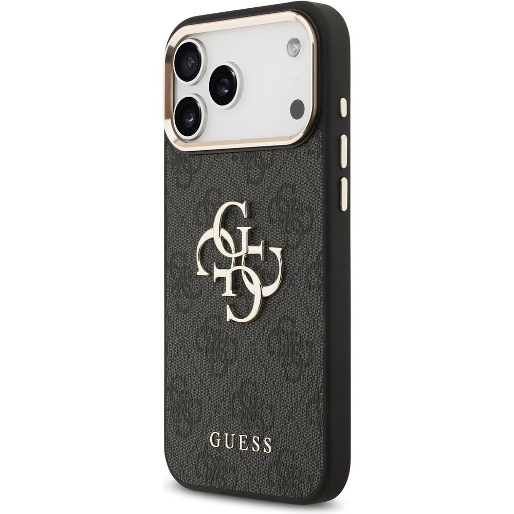Guess-PU-Leather-4G-Metal-Logo-Gold-Frame-MagSafe-kryt-iPhone-17-Pro-Max-cerny