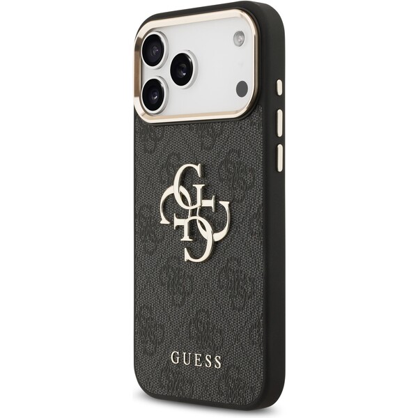Guess-PU-Leather-4G-Metal-Logo-Gold-Frame-MagSafe-kryt-iPhone-17-Pro-Max-cerny