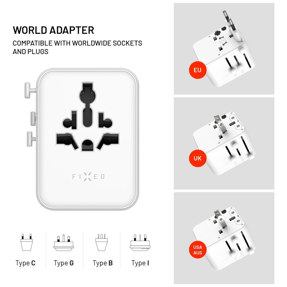 FIXED-Voyager-70W-cestovni-adapter-pro-EU-UK-USA-AUS-3xUSB-C-a-2xUSB-GaN-PD-bily