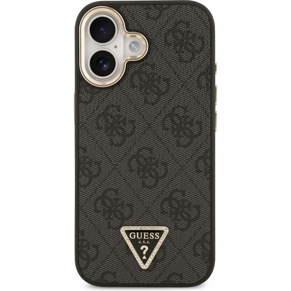 Guess-PU-Leather-4G-Triangle-Logo-Gold-Frame-MagSafe-kryt-iPhone-17-cerny