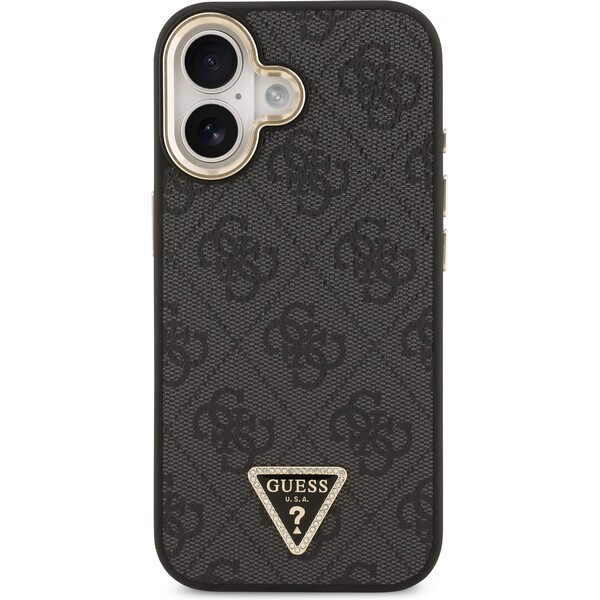 Guess-PU-Leather-4G-Triangle-Logo-Gold-Frame-MagSafe-kryt-iPhone-17-cerny