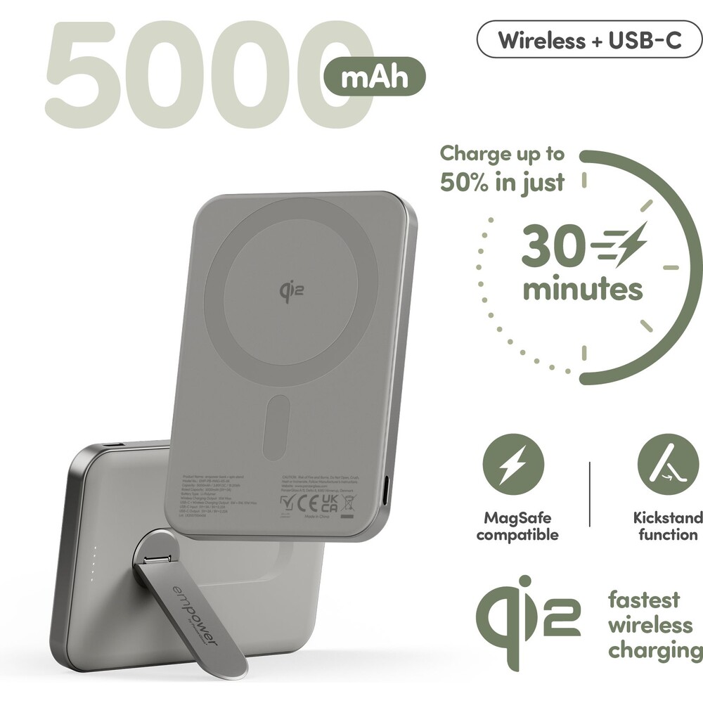 PanzerGlass-empower-bezdratova-Qi2-powerbanka-5000-mAh-MagSafe-otocny-stojanek-seda
