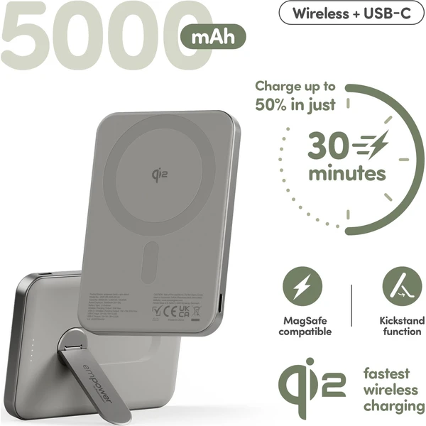 PanzerGlass-empower-bezdratova-Qi2-powerbanka-5000-mAh-MagSafe-otocny-stojanek-seda